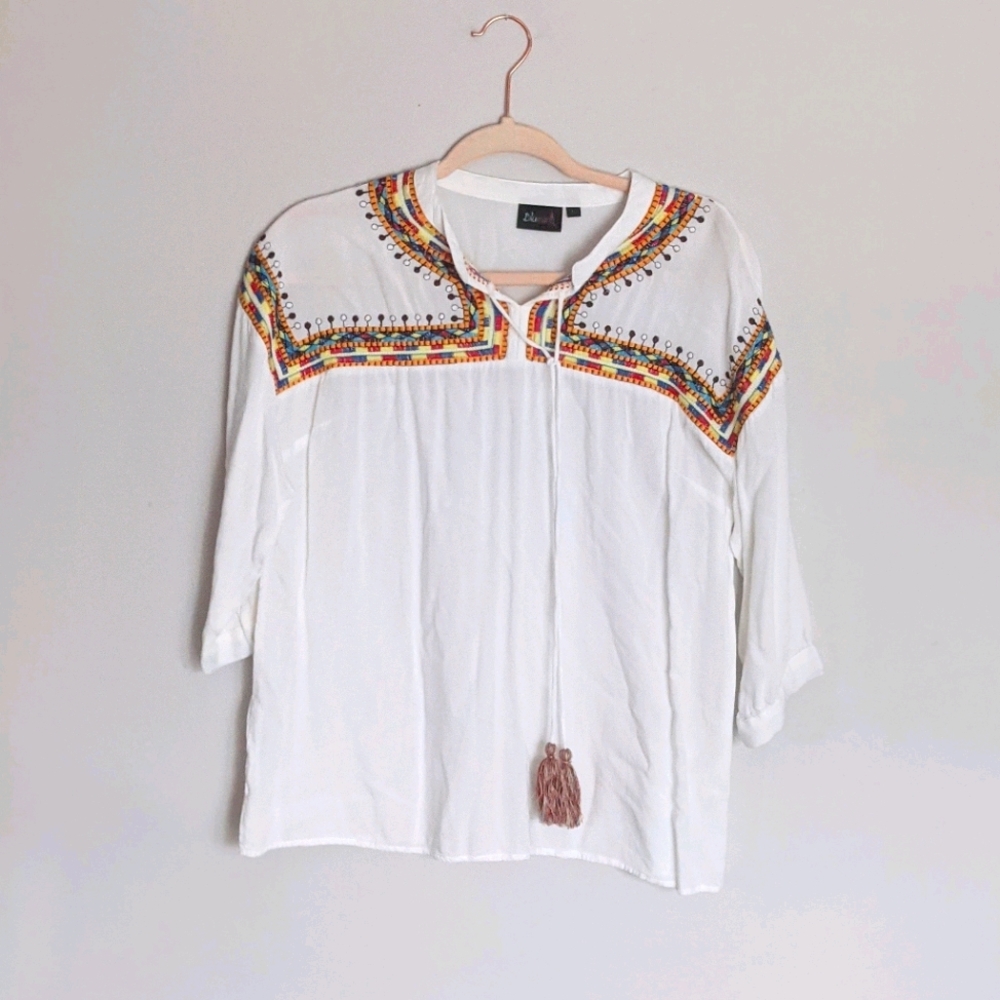 Blue Earth White Blouse With vibrant embroidery